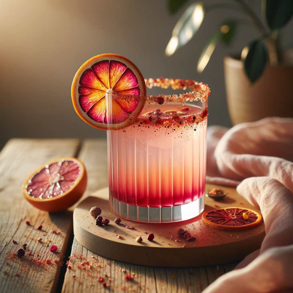 A vibrant Blood Orange Paloma cocktail from Don Catrin, garnished with a beautifully sliced blood orange and rimmed with worm salt. The drink exhibits rich gradients of color, illuminated under soft lighting, set against a rustic background with scattered spices and a halved blood orange.