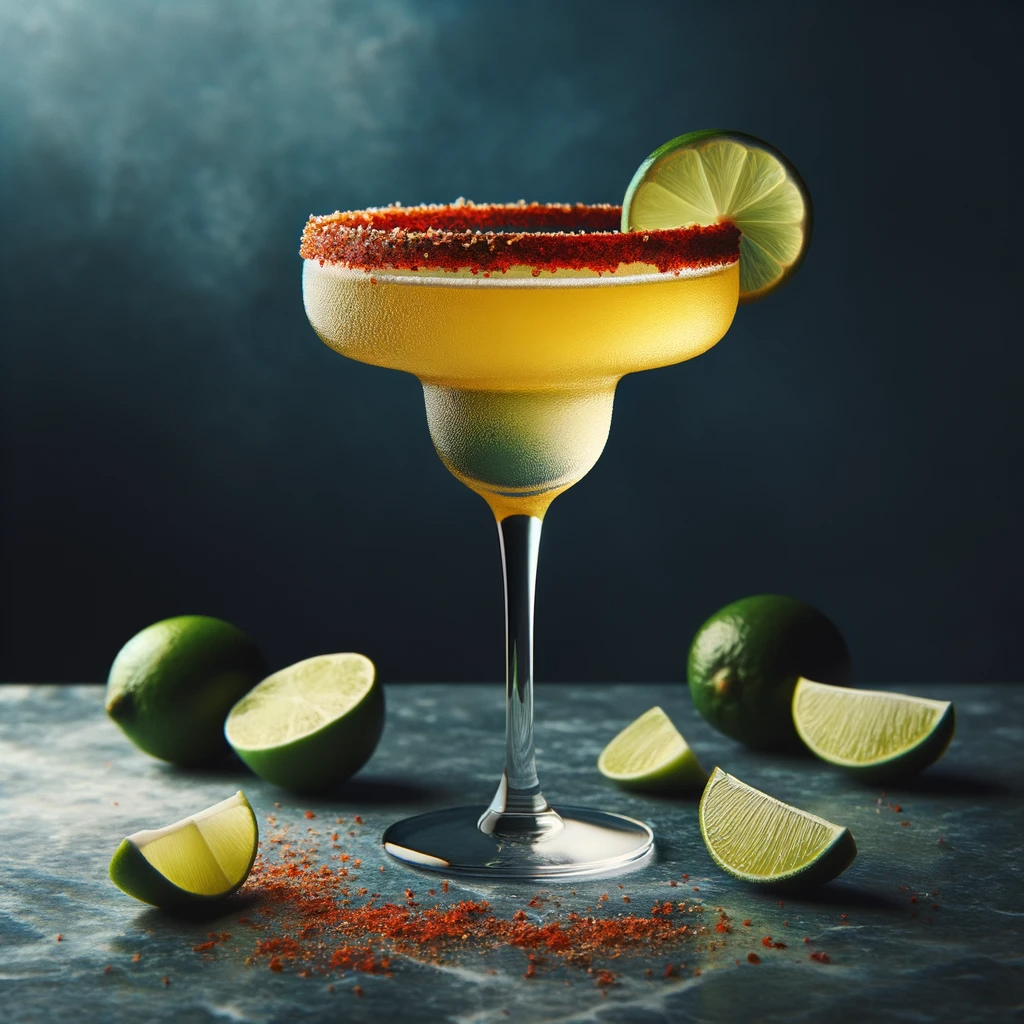 A vibrant Smoky Spicy Margarita from Don Catrin, garnished with a fresh lime slice and rimmed with red worm salt, set against a dark backdrop.
